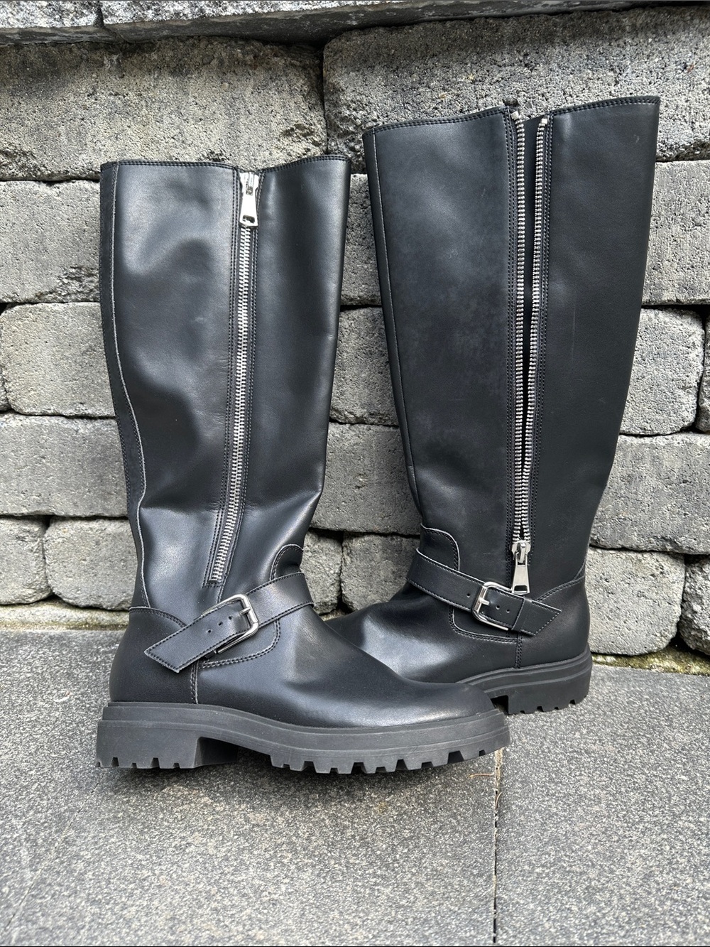 Blondo Black Knee-High Lug Sole Zip Riding Boots